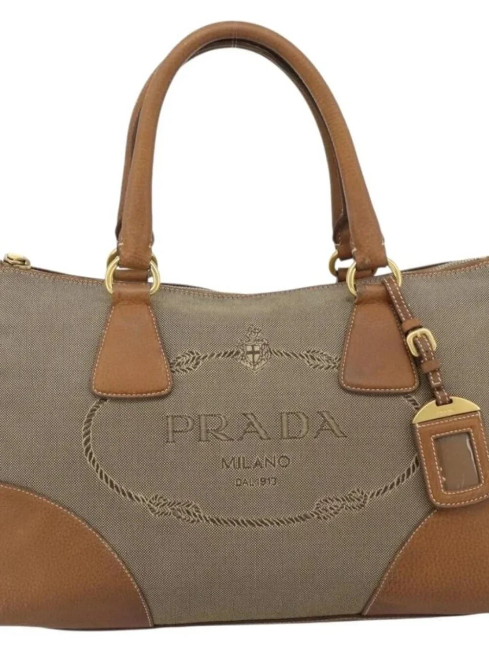 PRADA Hand Bag Canvas Leather Brown Gold Auth